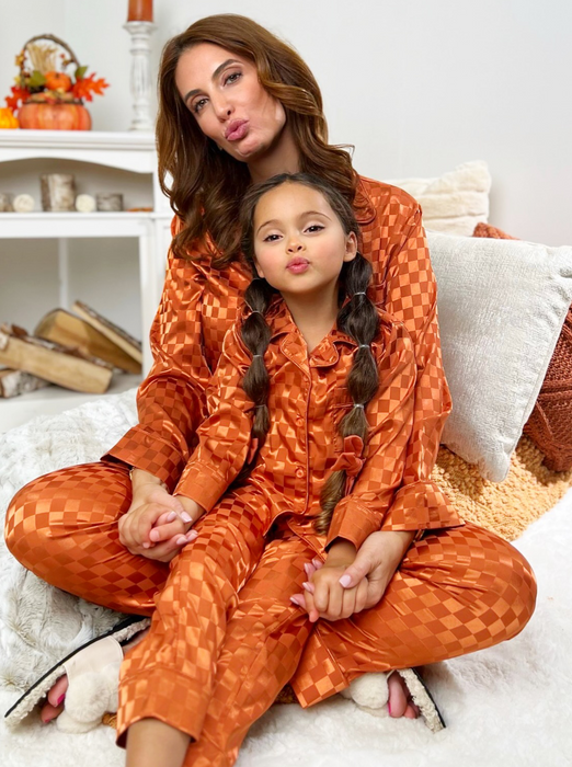 Mia Belle Girls Mommy and Me Pumpkin Spice Checkered Silk Pajamas