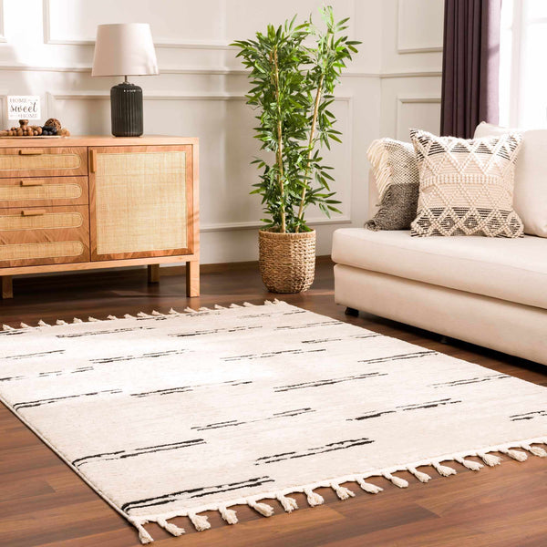 Hauteloom Riad Black Striped White Area Rug with tassels