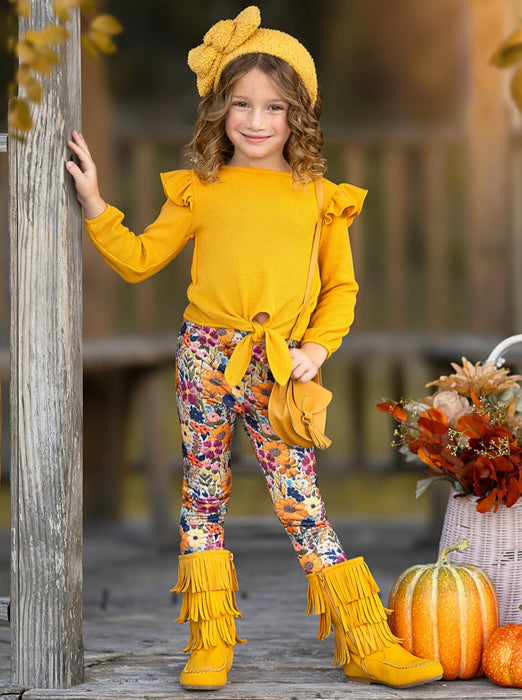 Mia Belle Girls Marigold Ruffle Tie Top and Floral Legging Set