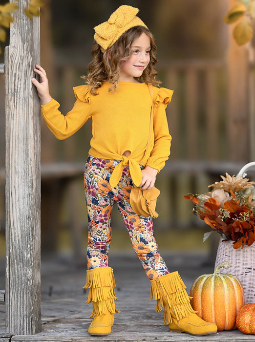 Mia Belle Girls Marigold Ruffle Tie Top and Floral Legging Set