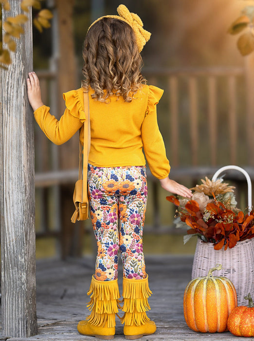 Mia Belle Girls Marigold Ruffle Tie Top and Floral Legging Set