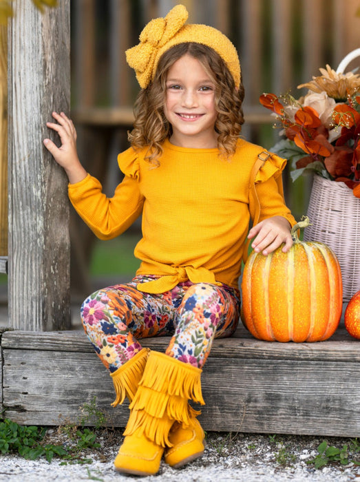 Mia Belle Girls Marigold Ruffle Tie Top and Floral Legging Set