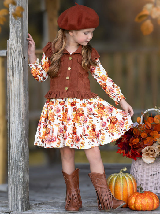 Mia Belle Girls Autumn Floral Faux Suede Vest Dress Set