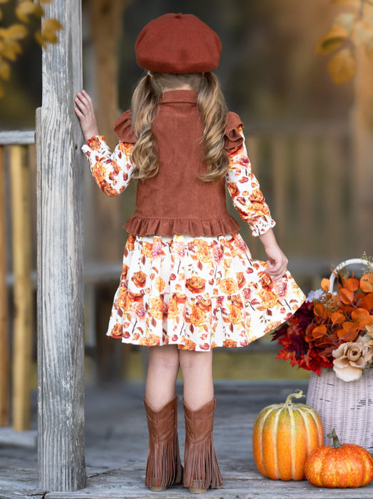 Mia Belle Girls Autumn Floral Faux Suede Vest Dress Set