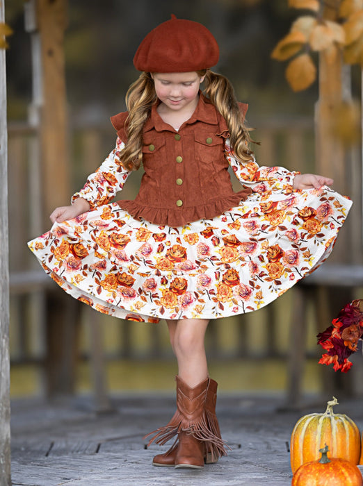 Mia Belle Girls Autumn Floral Faux Suede Vest Dress Set