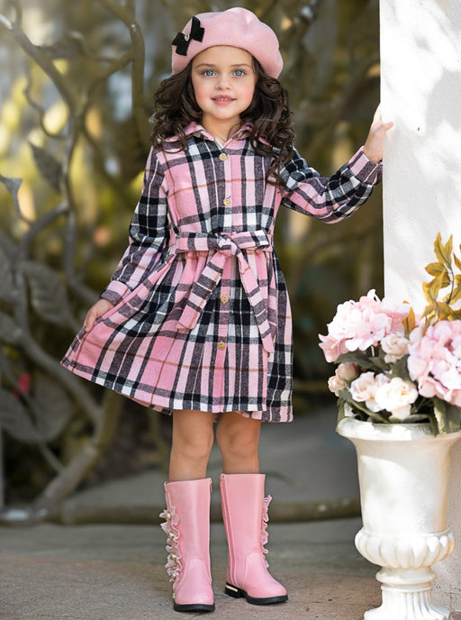 Mia Belle Girls Pink Plaid Long Sleeve Shirt Dress