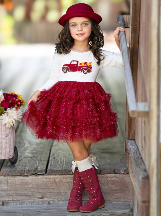 Mia Belle Girls Red Truck Leaves Ruffled Tutu Dress