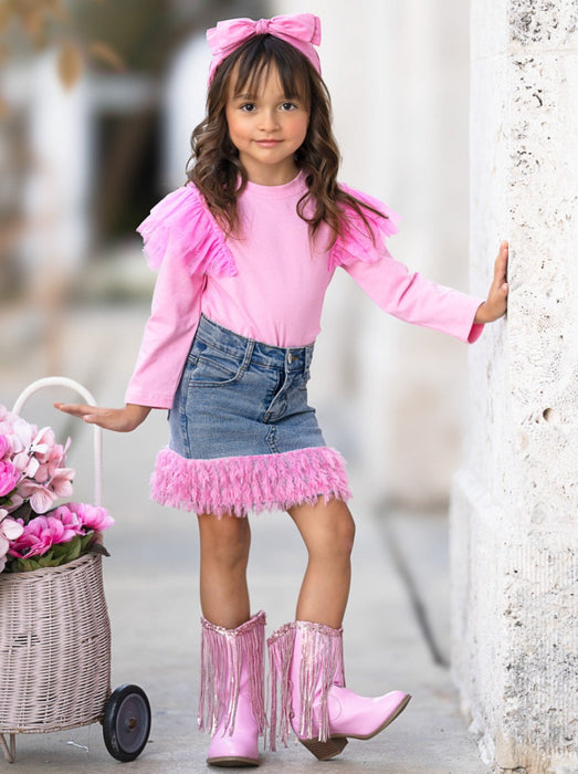 Mia Belle Girls Pink Ruffle Top and Feather Trim Denim Skirt Set