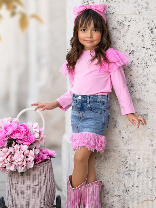 Mia Belle Girls Pink Ruffle Top and Feather Trim Denim Skirt Set