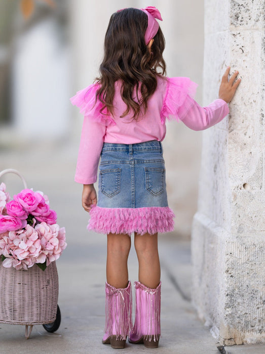 Mia Belle Girls Pink Ruffle Top and Feather Trim Denim Skirt Set