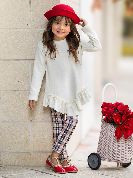 Mia Belle Girls Autumn Breeze Ruffle Tunic and Plaid Legging Set