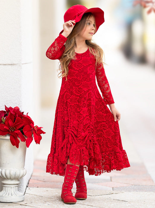 Mia Belle Girls Red Hi-Lo Drawstring Lace Ruffle Dress