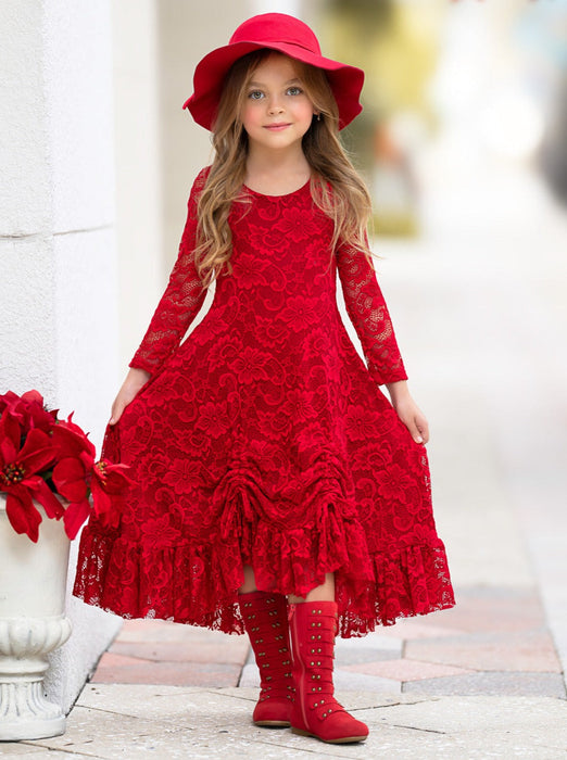 Mia Belle Girls Red Hi-Lo Drawstring Lace Ruffle Dress