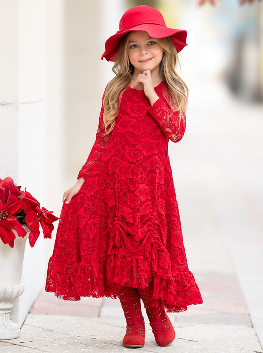 Mia Belle Girls Red Hi-Lo Drawstring Lace Ruffle Dress