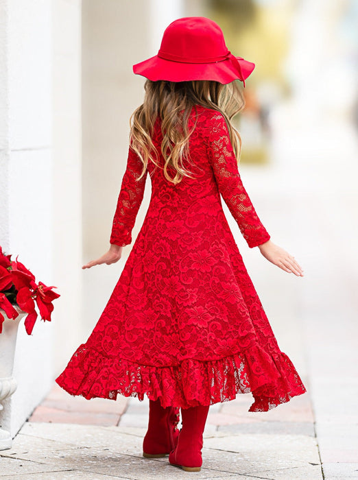 Mia Belle Girls Red Hi-Lo Drawstring Lace Ruffle Dress