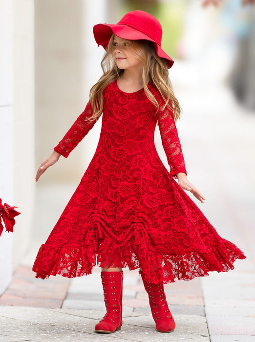 Mia Belle Girls Red Hi-Lo Drawstring Lace Ruffle Dress