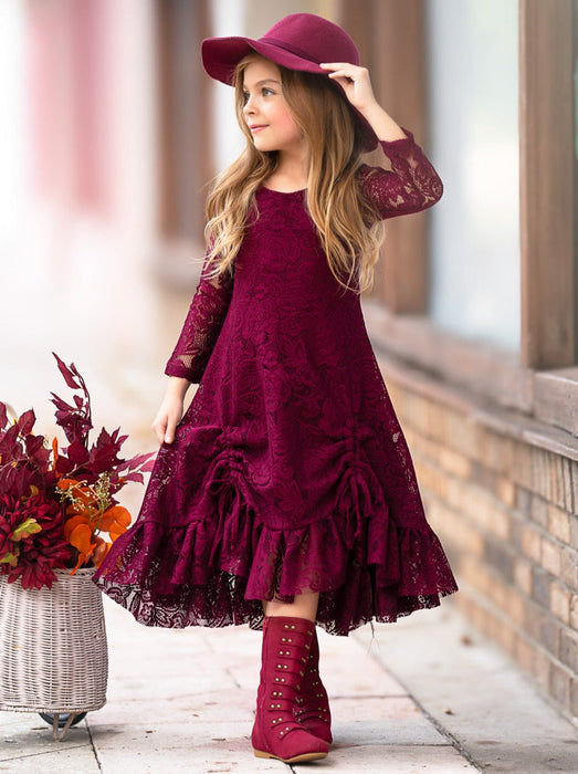 Mia Belle Girls Burgundy Hi-Lo Drawstring Lace Ruffle Dress