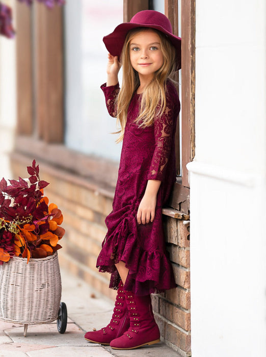 Mia Belle Girls Burgundy Hi-Lo Drawstring Lace Ruffle Dress