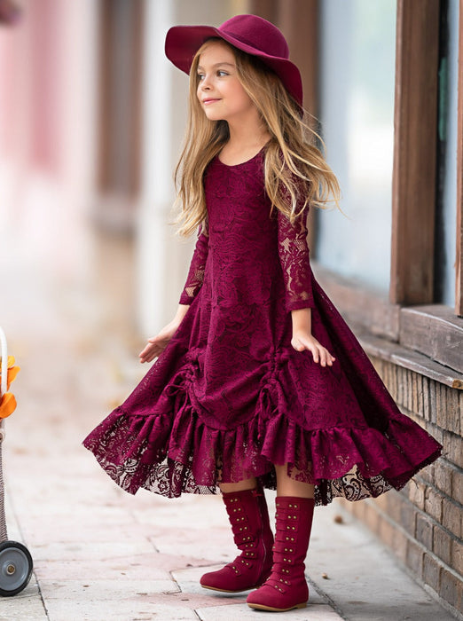 Mia Belle Girls Burgundy Hi-Lo Drawstring Lace Ruffle Dress