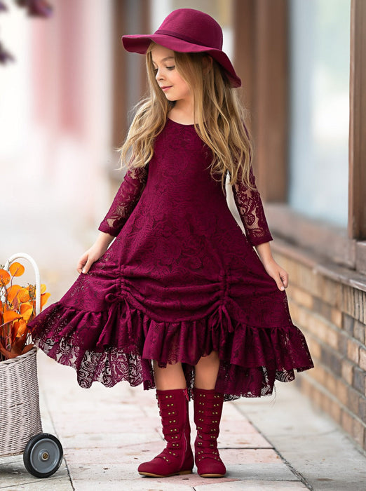Mia Belle Girls Burgundy Hi-Lo Drawstring Lace Ruffle Dress