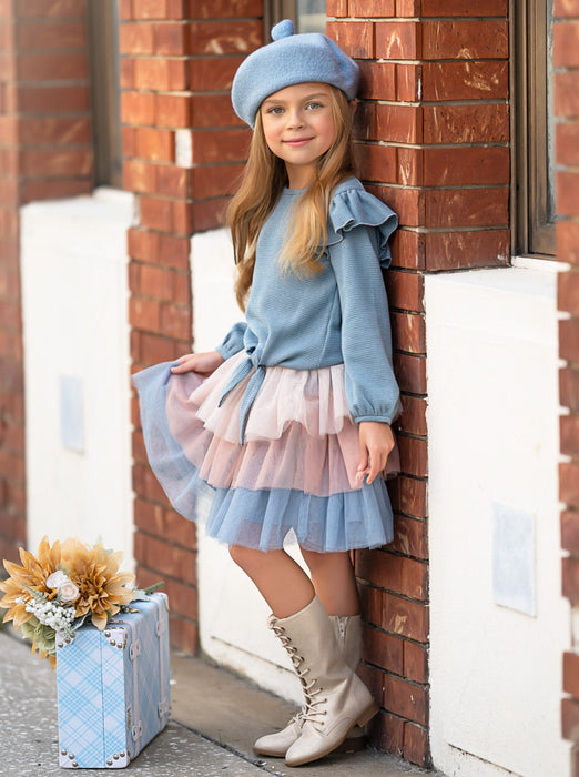 Mia Belle Girls Blue Ruffle Top and Layered Tutu Skirt Set