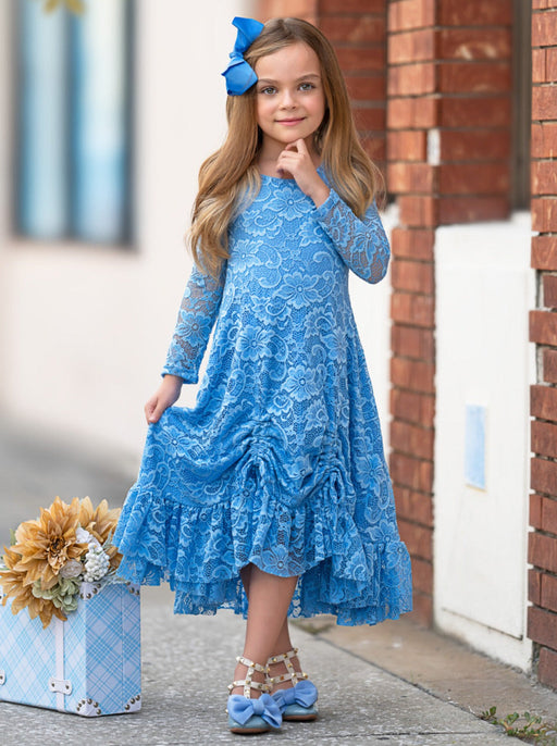 Mia Belle Girls Blue Hi-Lo Drawstring Lace Ruffle Dress