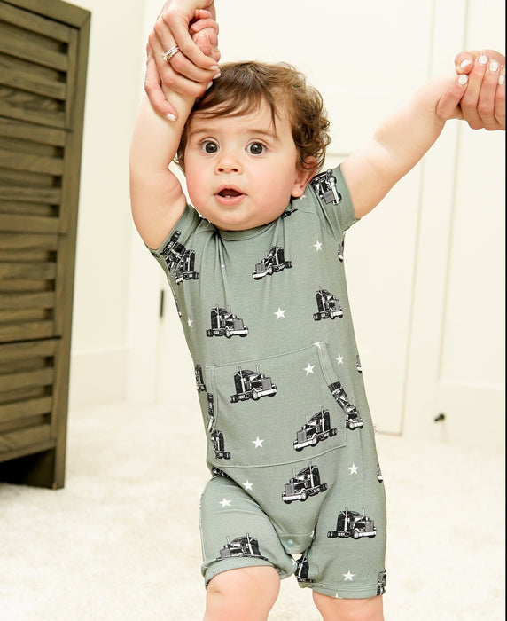 Monkeeroos Big Trucks Pocket Shortie Romper