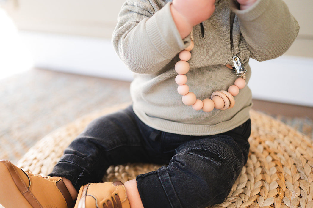 Babeehive Goods Apricot Silicone Bead & Wood Ring Pacifier Clip