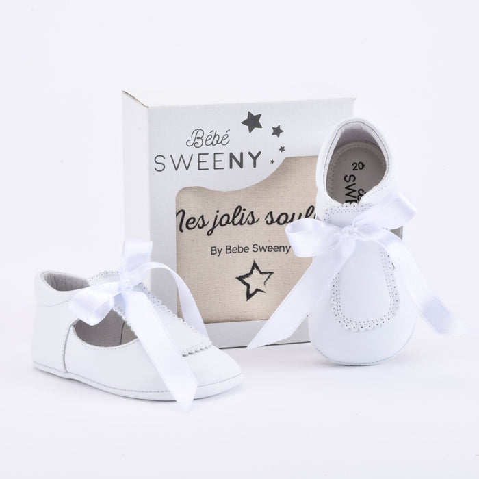 Bebe Sweeny Girls White Leather Pre-Walker Shoes with Satin Ribbon