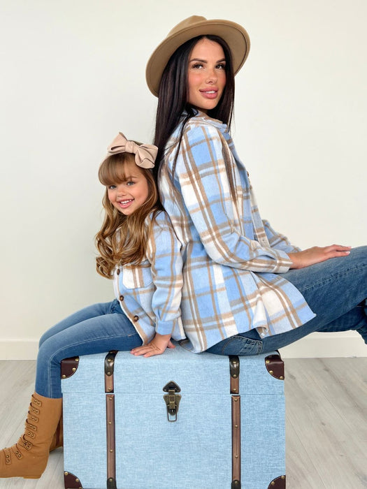 Mia Belle Girls Mommy and Me Blue and Tan Plaid Flannel Shacket