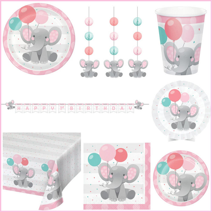 Party Decorations Enchanting Elephants Girl Birthday Party Kit for 8 (46 Total Items)