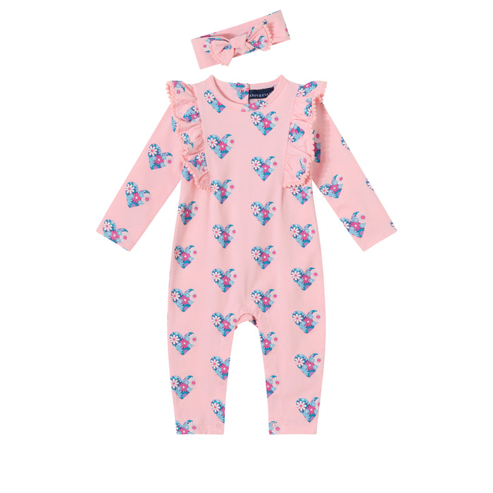 Andy & Evan Printed Long Sleeve Romper with Pom Pom Trim