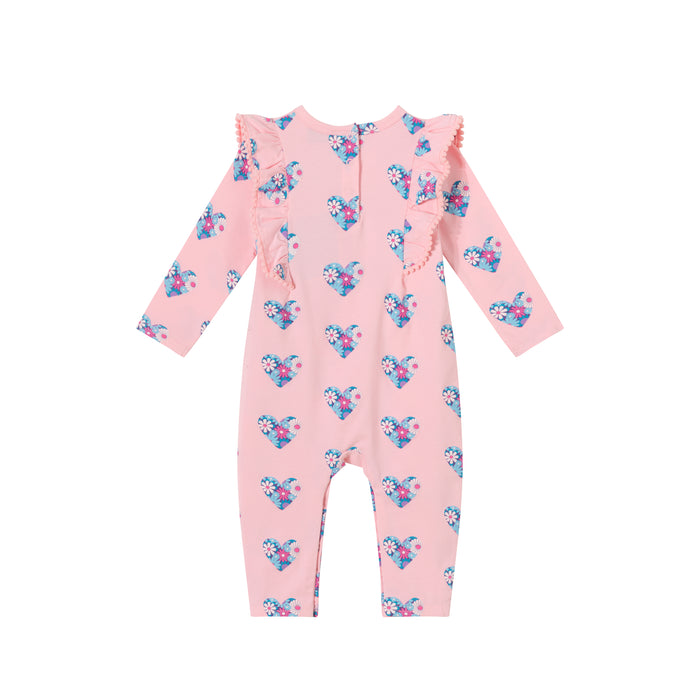 Andy & Evan Printed Long Sleeve Romper with Pom Pom Trim