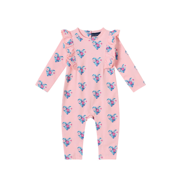 Andy & Evan Printed Long Sleeve Romper with Pom Pom Trim