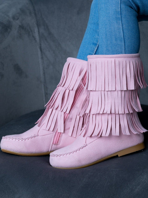 Mia Belle Girls Pink Suede Tiered Fringe Boots By Liv and Mia