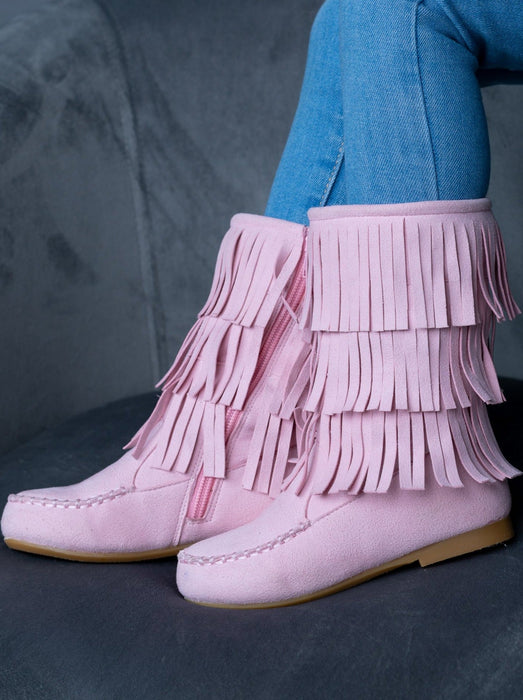 Mia Belle Girls Pink Suede Tiered Fringe Boots By Liv and Mia