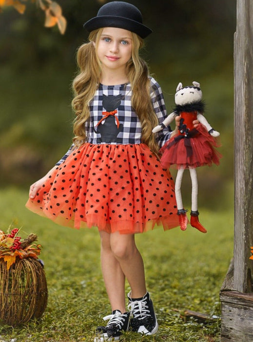 Mia Belle Girls Bewitching Kitten Plaid and Polka Dot Tutu Dress