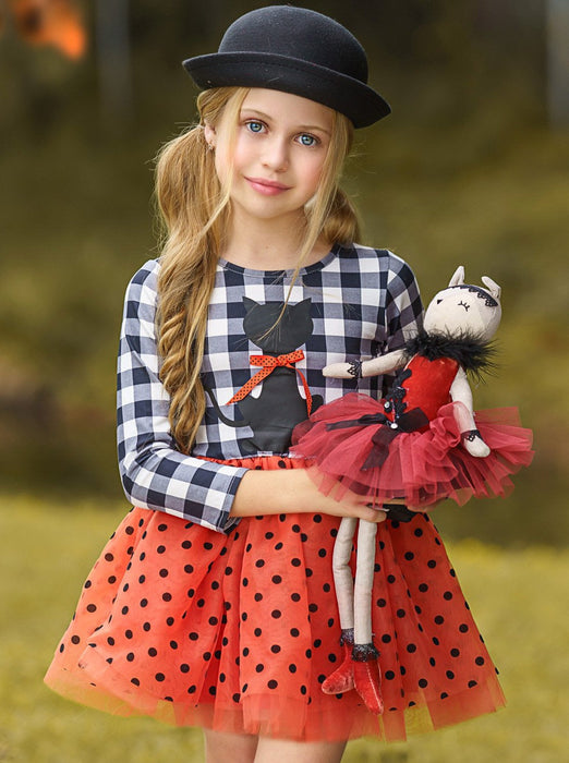 Mia Belle Girls Bewitching Kitten Plaid and Polka Dot Tutu Dress