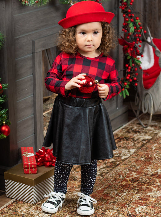 Mia Belle Girls Spotted In Plaid Top, Skirt and Legging Set