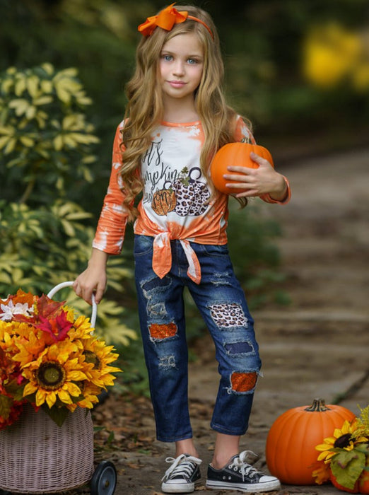 Mia Belle Girls It's Pumpkin Season Patched Jeans Set