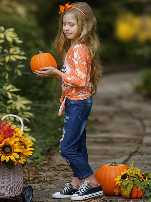 Mia Belle Girls It's Pumpkin Season Patched Jeans Set