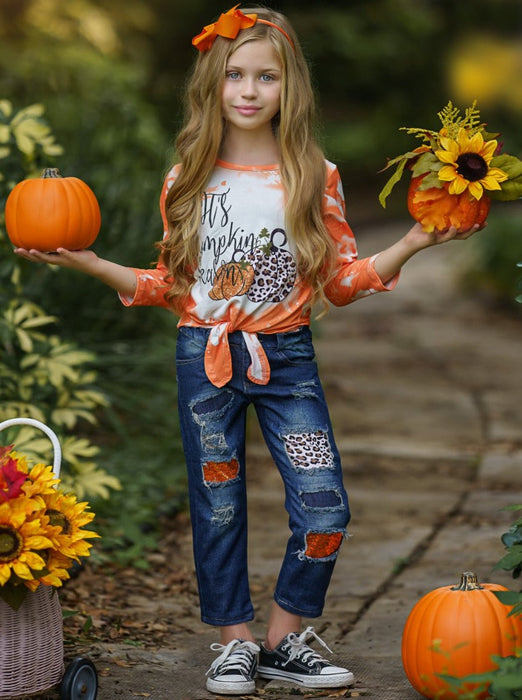 Mia Belle Girls It's Pumpkin Season Patched Jeans Set