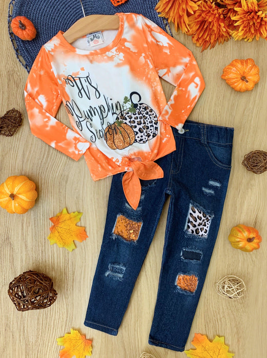 Mia Belle Girls It's Pumpkin Season Patched Jeans Set