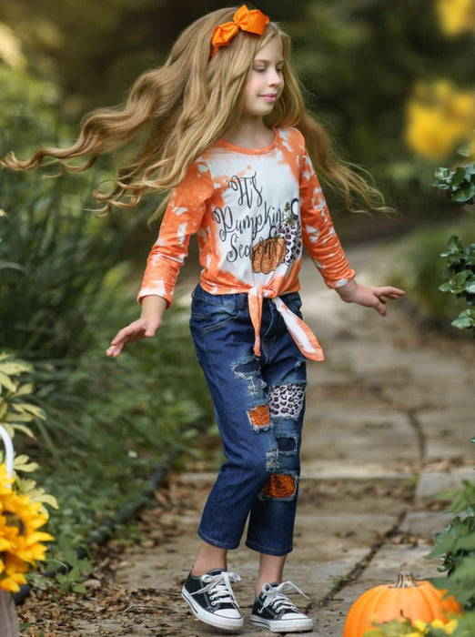 Mia Belle Girls It's Pumpkin Season Patched Jeans Set