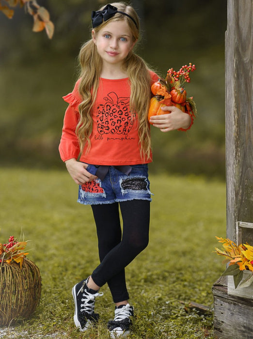 Mia Belle Girls Hello Pumpkin Top, Patched Denim Shorts and Legging Set