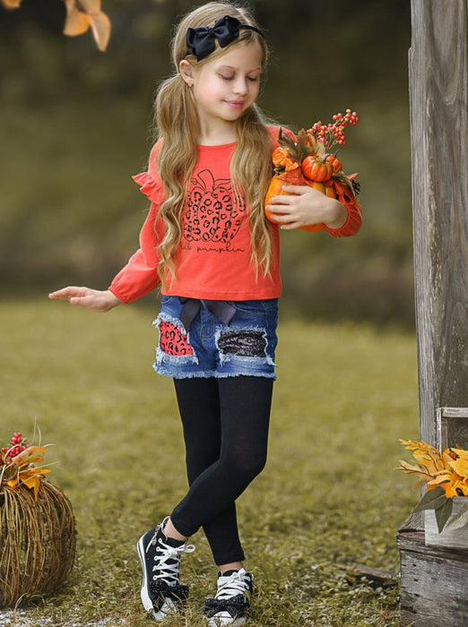 Mia Belle Girls Hello Pumpkin Top, Patched Denim Shorts and Legging Set