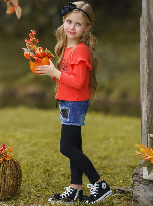 Mia Belle Girls Hello Pumpkin Top, Patched Denim Shorts and Legging Set