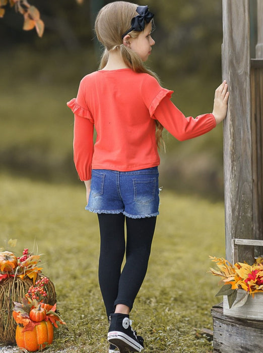 Mia Belle Girls Hello Pumpkin Top, Patched Denim Shorts and Legging Set