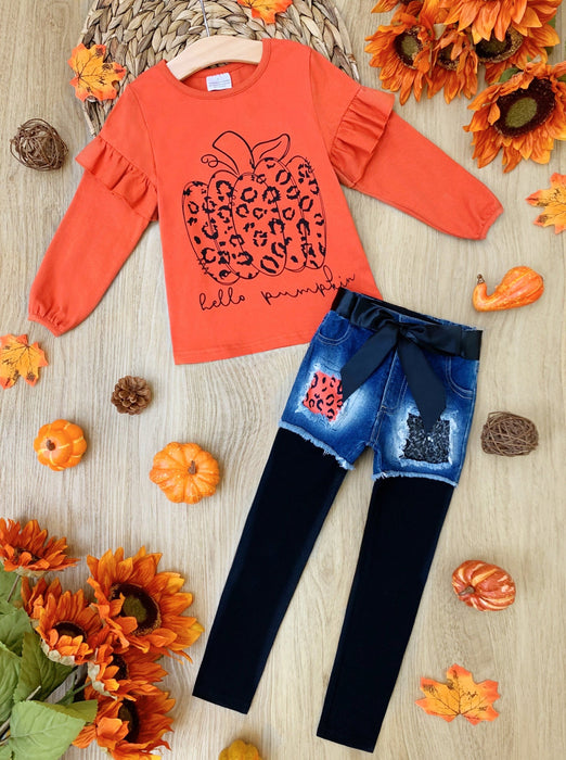 Mia Belle Girls Hello Pumpkin Top, Patched Denim Shorts and Legging Set