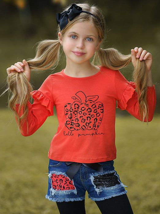 Mia Belle Girls Hello Pumpkin Top, Patched Denim Shorts and Legging Set